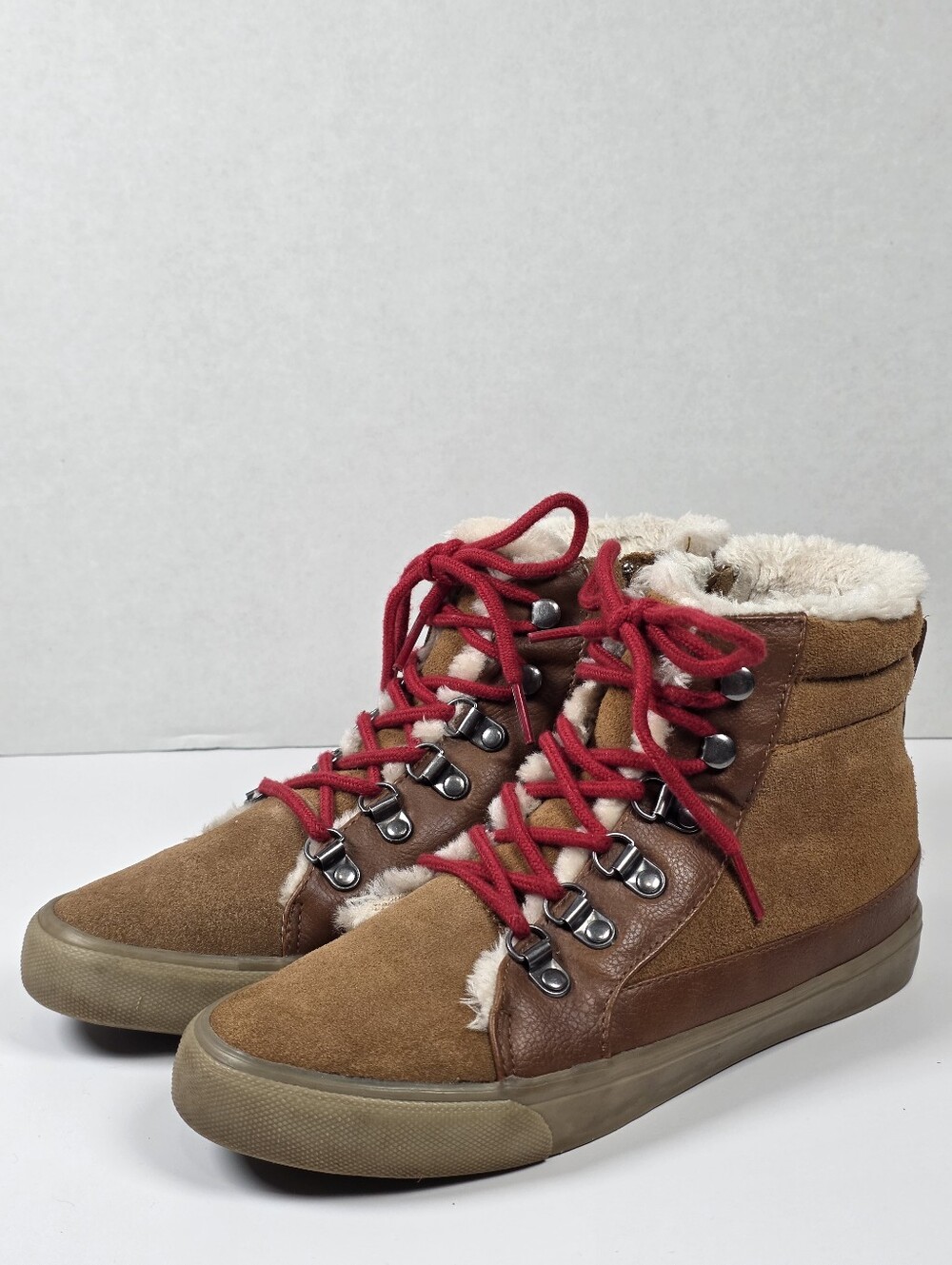 American Eagle Faux-Fur Lined Brown Cow Leather Suede Ankle Sneaker Boots